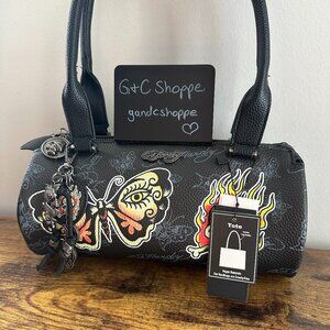 New Ed Hardy Grey Butterfly Tote Barrel Shoulder Bag Charm Cute Y2K Style Skull